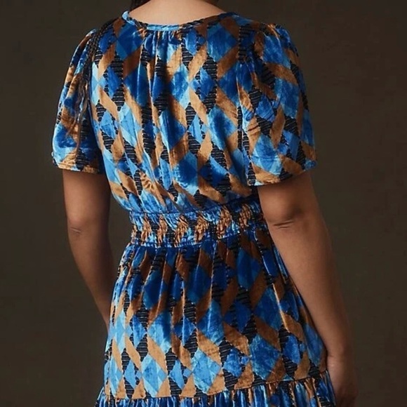 Anthropologie Blue and Brown Geometric Mini Dress - Picture 2 of 12